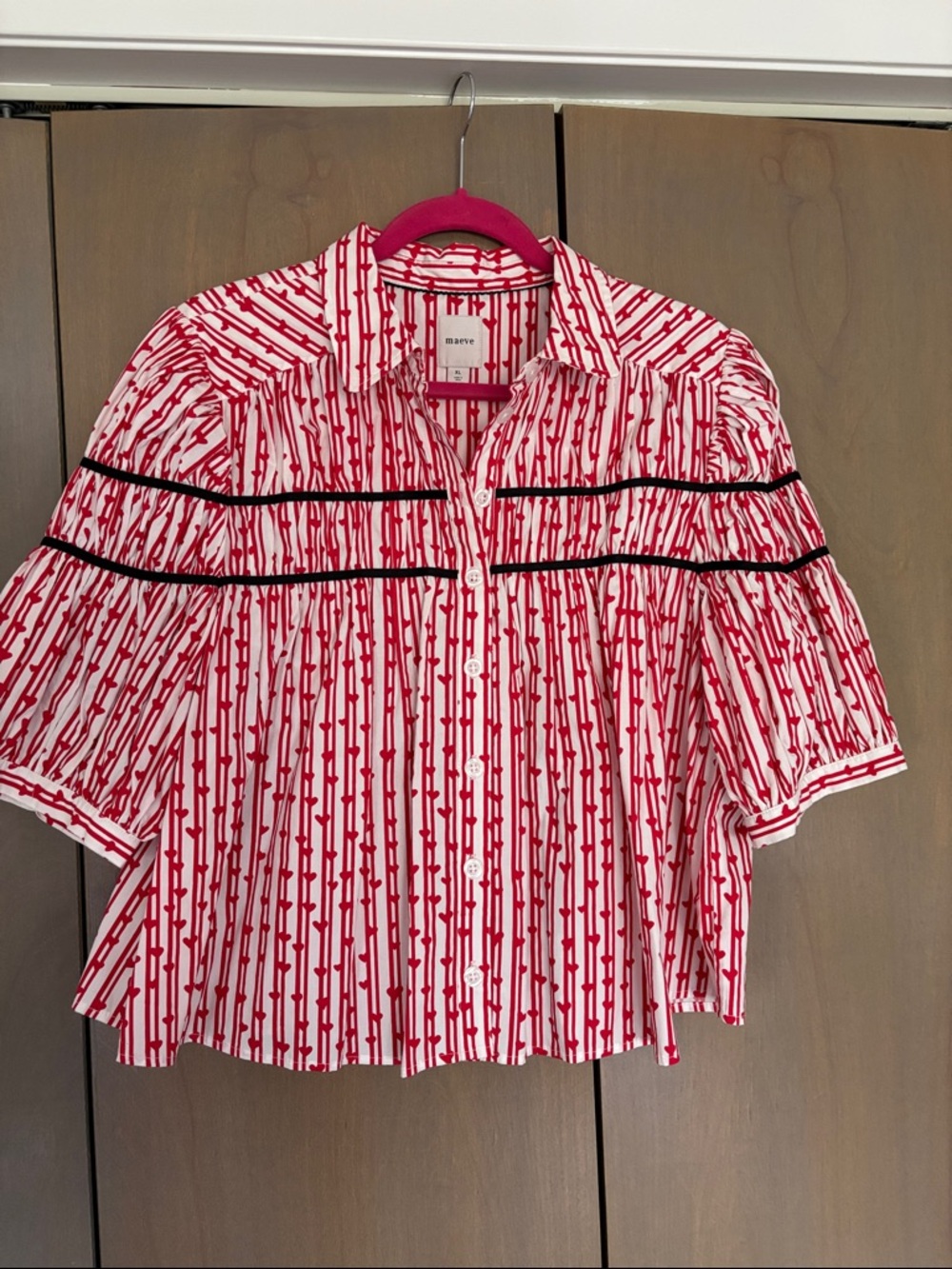 Anthropologie Red and White Patterned Button-Front Blouse